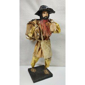 Mexican Folk Art Paper Mache Statue Farm Working Man Figurine with Hat Vintage
